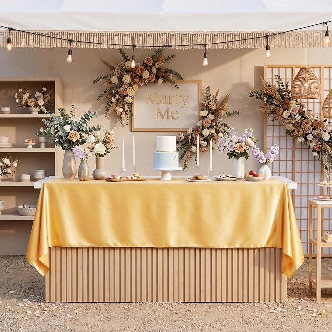 4 Pack Gold Satin Tablecloth 58 x 102 Inches, Rectangular Satin Table Cloths for Wedding Reception, Birthday Party, Graduation & Holiday Banquet Tables