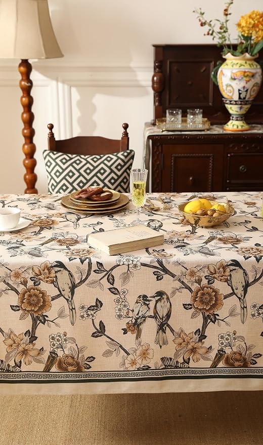 ISAENNE Designer Vintage Linen Tablecloth Rectangular,110"x63"-Murad A | French Elegant Long Table Cloth for Rectangle Table,Floral and Bird Pattern for Dining Kitchen Tea Party Thanksgiving
