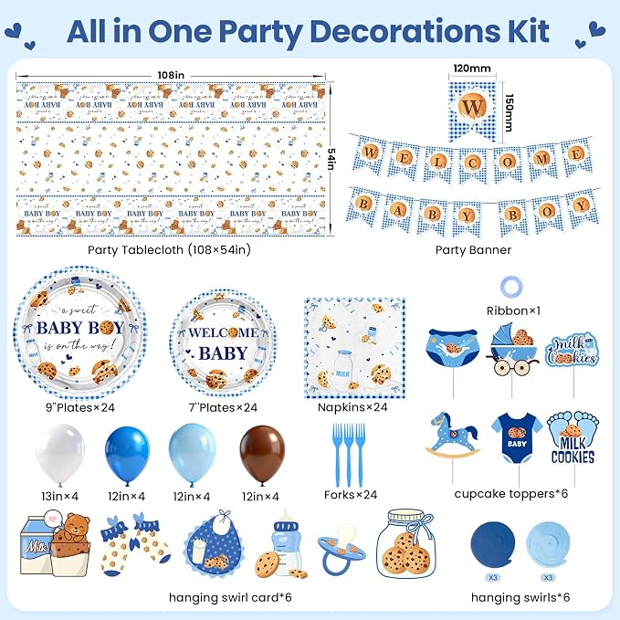 Milk and Cookies Baby Shower Decorations Kit:134 Pcs Welcome Baby Boy Plates Napkins Tablecloth Banner Hanging Swirls Cake Toppers Balloons Cookies Baby Shower Decorations for Boy