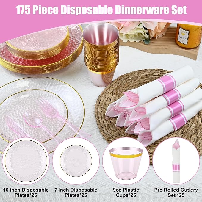 175PCS Pink Hammered Plastic Dinnerware Set for 25 Guests - Disposable Pink Plates with Gold Rim, Heavy Duty Cups Pre-Rolled Napkins with Cutlery (Forks/Knives/Spoons), Ideal for Wedding, Party