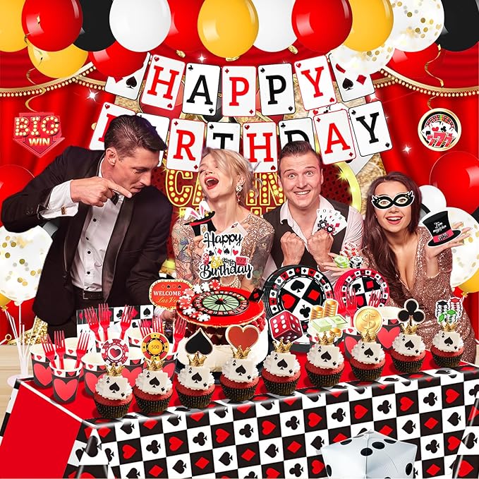 175Pcs Casino Party Decorations Set, with Plates Cup Tableware, Casino Backdrop, Foil Balloons, Balloons Stand, Birthday Banner, Cake Topper, for Las Vegas Poker Casino Night Party Supplies