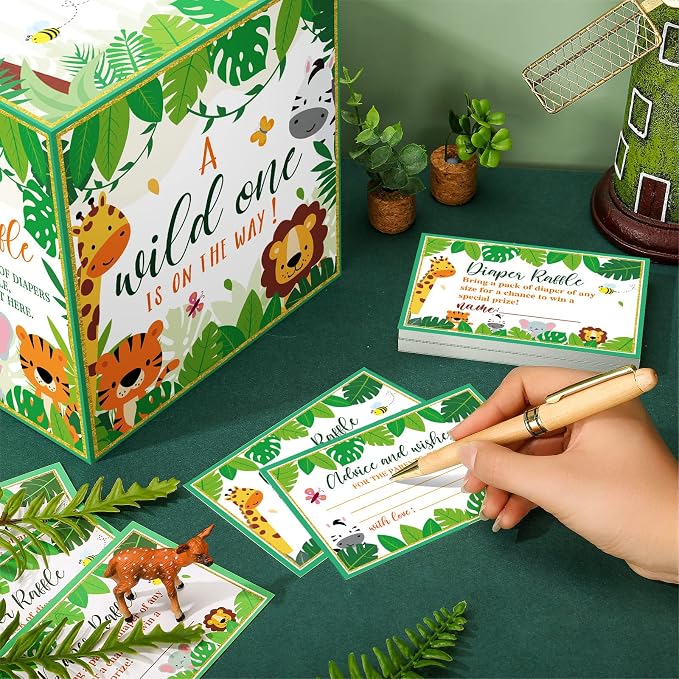 Teling 51 Pieces Diaper Raffle Tickets with Card Box Baby Shower Decorations Baby Shower Holder Box for Girl Boy Diaper Raffle Party(Jungle Animal)