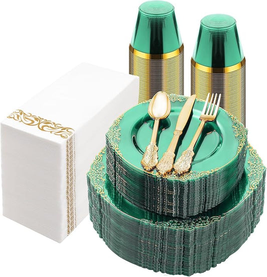 Bestluck 350PCS Clear Green Plastic Plates for 50 Guests, Disposable Plates with Gold Trim include 100 Dinner Plates, 150 Gold Silverware, 50 Cups, 50 Napkins for Party, Wedding and Graduation
