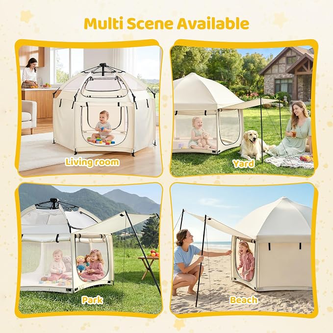 Dripex Upgraded Pop Up Playpen w/t 2-Side Canopy Extension & Built-in Pad,Quick Foldable Indoor/Outdoor Baby Playpen w/t One-Click Safe Lock,2-Side Roll-Up Door,Travel Pop and Go Beach Play Pen Beige