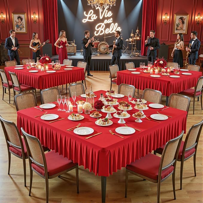 Wish Care Red Spandex Tablecloths for 54x54 Inch Square Tables, Stretch Fitted Table Clothes with Pleated Ruffle Skirt for 54” Table, Wrinkle Free and Elastic, for Party Kitchen Home Dining
