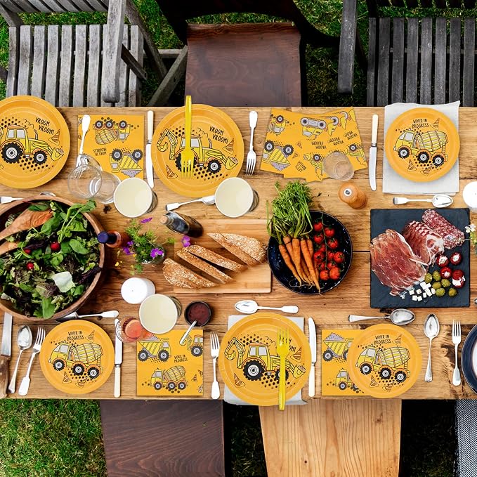 132 Pcs Construction Birthday Party Supplies, Construction Disposable Tableware Set Dump Truck Party Table Decorations for Birthday Party, 9'' and 7'' Plates, Napkins, Cups, Forks, Banner, Serves 24