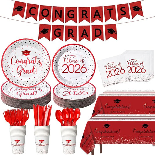 354Pcs Red Black Graduation Decorations Set 2026 Graduation Party Supplies Serves 50,Includes Congrats Grad Banner Paper Plates Cups Napkins Tablecloths Tableware for Class of 2026