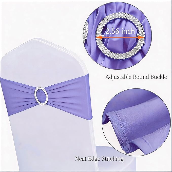 Pack of 50 Spandex Lavender Chair Sashes, Chairs Bands with Buckle Slider, Chair Bows for Wedding Reception Decorations, Without White Seat Covers (Lavender)