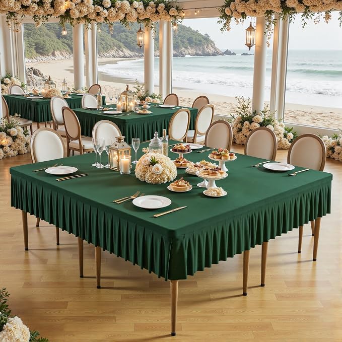 Wish Care Hunter Green Spandex Tablecloths for 60x60 Inch Square Tables, Stretch Fitted Table Clothes with Pleated Ruffle Skirt for 60” Table, Wrinkle Free and Elastic, for Party Kitchen Home Dining