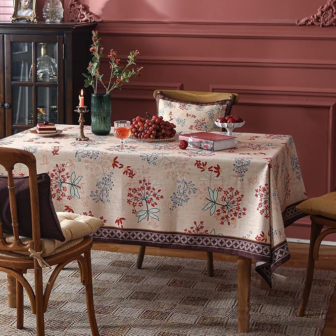 patdrea Vintage French Linen Tablecloth,Rectangular,94"x63"-NewMari | Elegant Printed Large Table Cloth for Rectangle Table,Red Floral Patterned,Dining Room Kitchen Tea Party Decoration