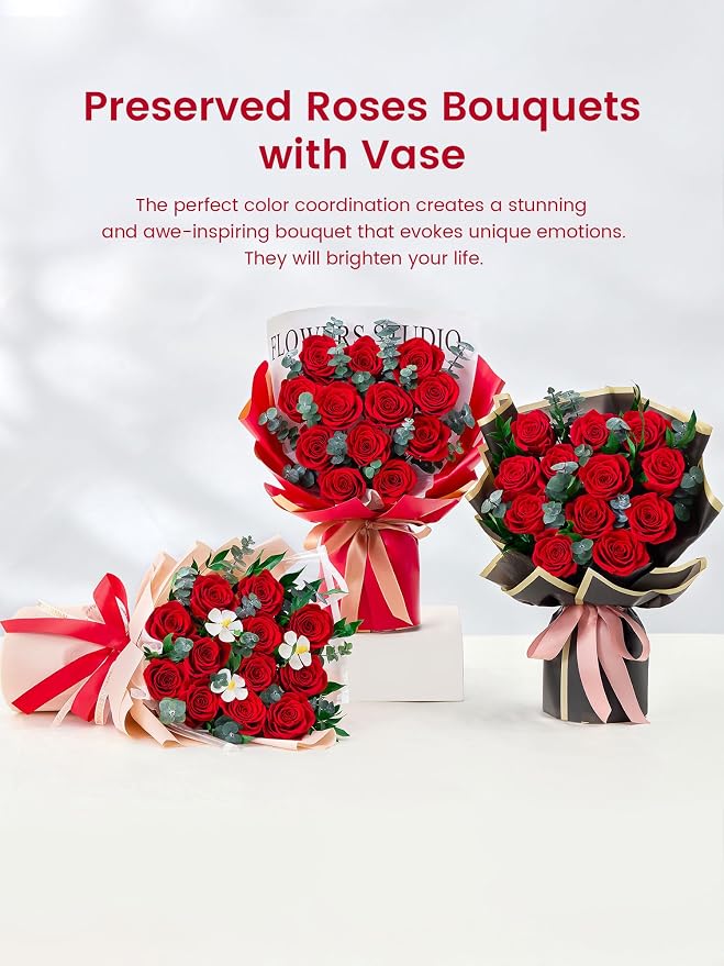 Mosstory 12 Red Preserved Roses Bouquet Flower Bouquet with Led Lights Gift for Women Wife Mother Day Birthday Wedding Anniversary (Red)