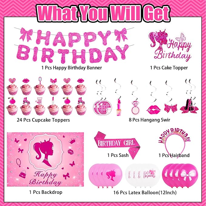 Hot Pink Birthday Party Decorations Supplies, Pink Glitter Happy Birthday Banner, Backdrop, Balloons, Hanging Swirls, Sash, Headband, Cake & Cupcake Toppers for Kids Girls and Women