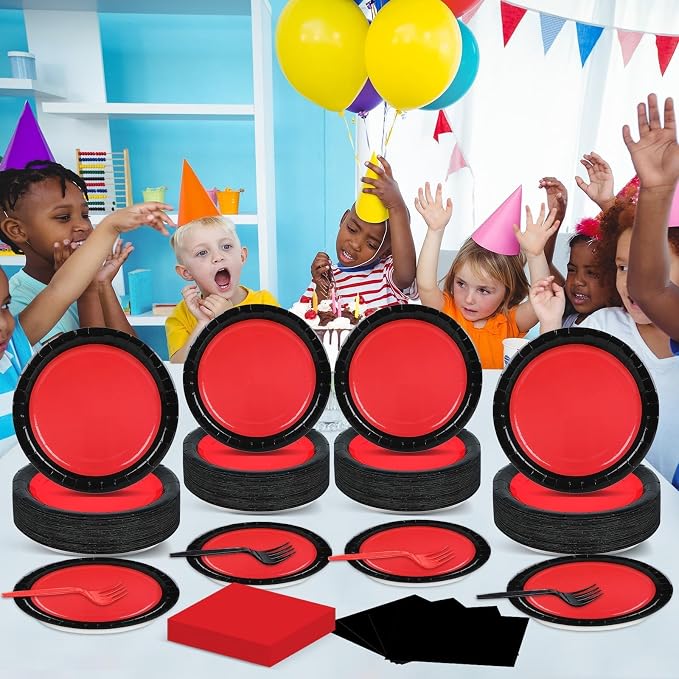 gisgfim 50 Guests Red and Black Party Supplies Decoration Black and Red Birthday Plates and Napkins Forks Red Black Disposable Tableware Red Birthday Party Paper Plates for Boys Girls Party 200PCS