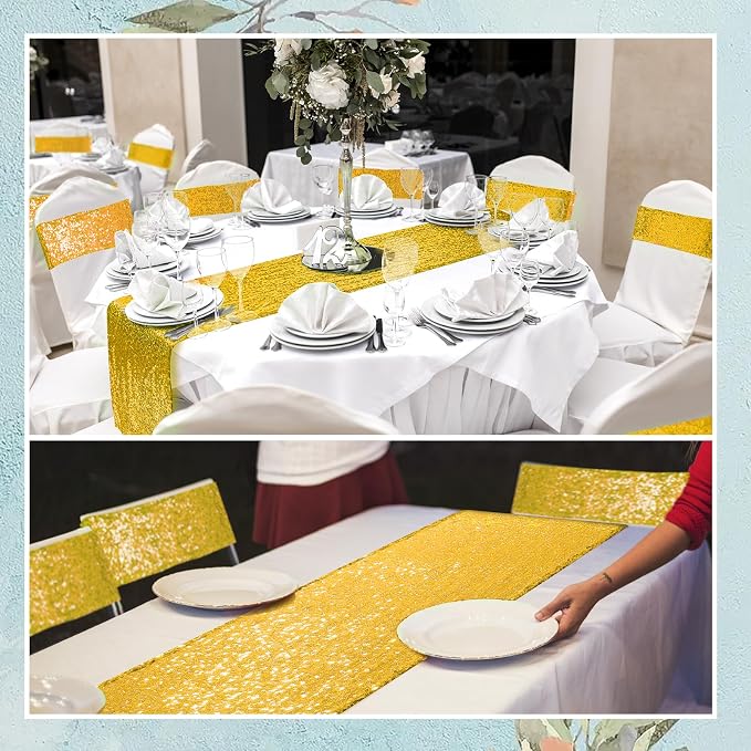 54 Pieces of Gold Sequin Chair Ribbons and Table Runners, 48 Sequin Chair Bows, 6 Glitter Table Runners, Suitable for Wedding Parties Birthday Meeting Events Decorations (Gold)