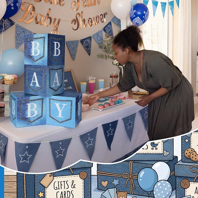 Qunclay 4 Set Blue Jean Baby Shower Decorations Party Boxes with Letters Stackable for Denim Baby Shower Decorations Gender Reveal Decoration Photo Prop Cowboy Country Nursery Decor