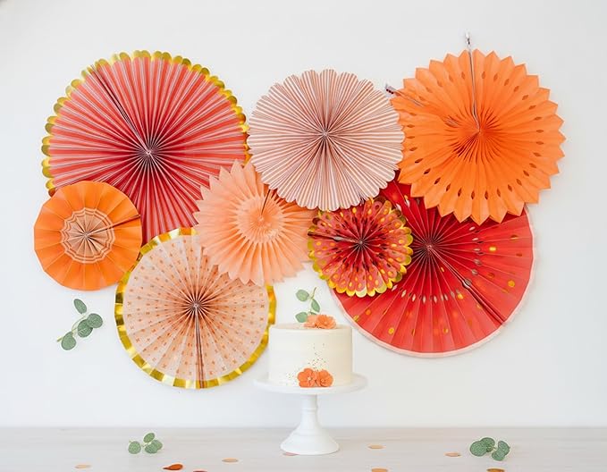 PapaKit 8-Piece Origami Paper Fan Set - Orange & Gold Metallic Hanging Pinwheels – Reusable Wall Backdrop for Birthday, Wedding, Bridal Shower, Baby Shower, & Boho Party Decorations