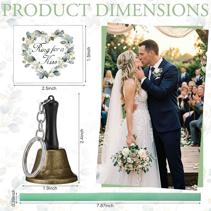 Lounsweer 36 Set Eucalyptus Wedding Bells Bulk Ring for a Kiss with Tags Sage Green Ribbon Kissing Bells for Wedding Reception Decorations Goodies Bags Party Supplies