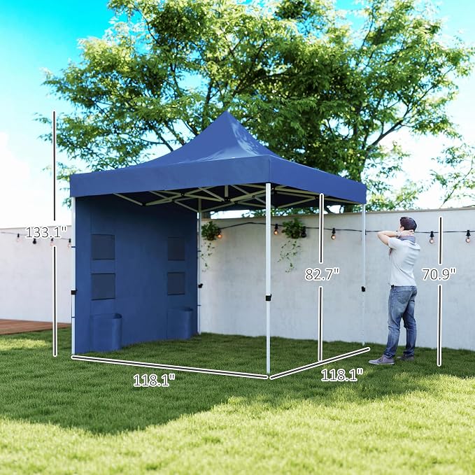 Outsunny 10' x 10' Heavy Duty Pop Up Canopy Tent with Sidewall and Trash Bags, UPF50+ Instant Sun Shelter, Height Adjustable, with Wheeled Bag, Sand Bags for Outdoor, Patio, Dark Blue