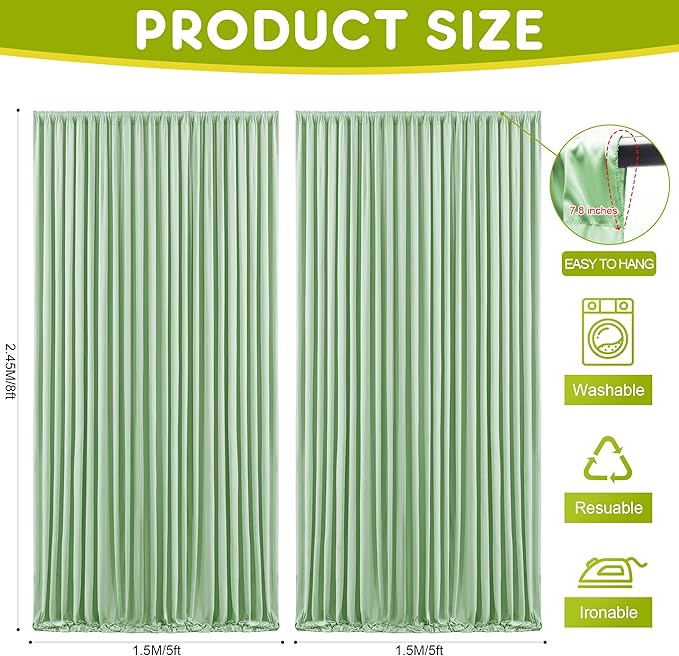 Wokceer Sage Green Backdrop Curtain for Wedding Parties 10x8FT Photo Polyester Backdrop Drapes for Wedding Photoshoot Baby Shower Birthday Party Curtains Photography Background 2 Panels 5x8FT