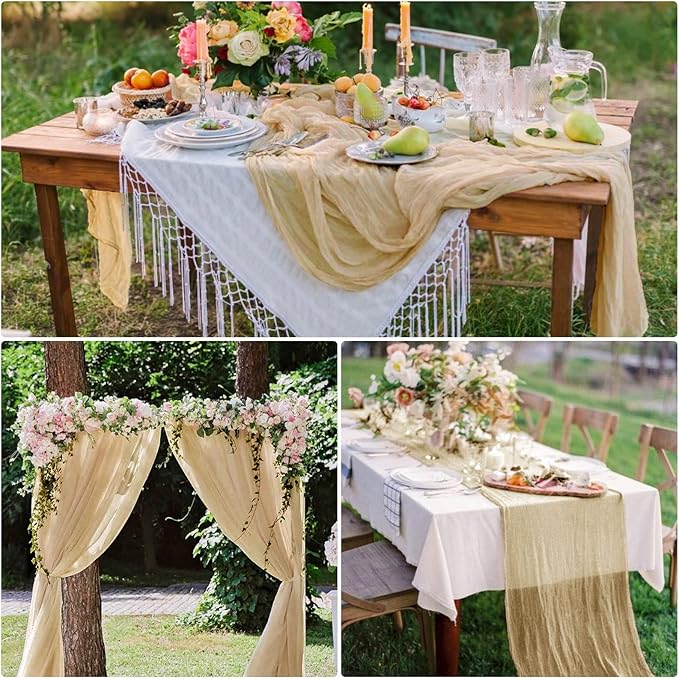 15 Pack Beige Cheesecloth Table Runner 10Ft Rustic Gauze Cheese Cloth Table Runner 35 x120 Inch Romantic Boho Table Runners for Wedding Birthday Party Bridal Baby Shower Engagement Banquet Table Décor