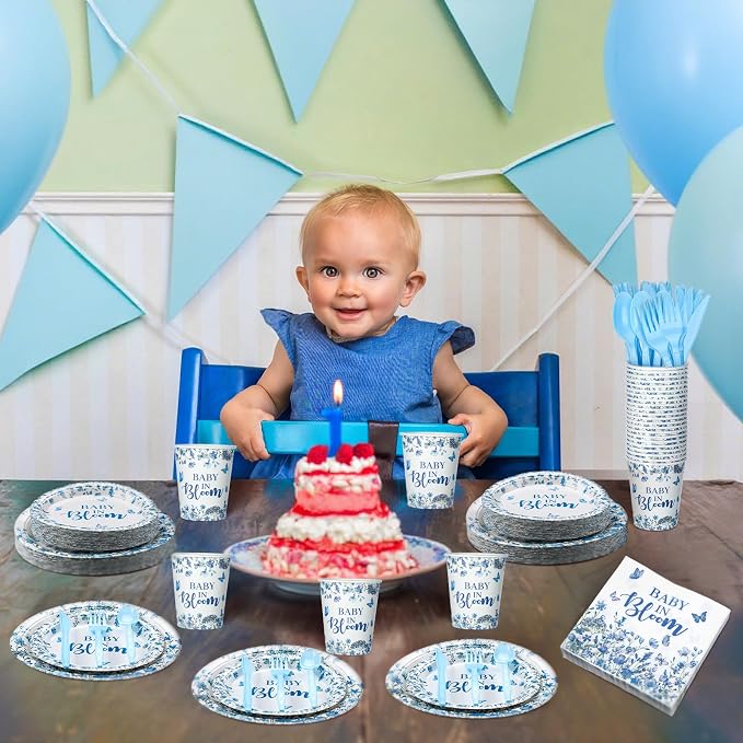 Yungyan 252 Pcs Baby in Bloom Blue Floral Baby Shower Party Tableware Set Included Plates Napkins Cups Forks Knives Cutlery for Party Decorations Supplies 36 Guests