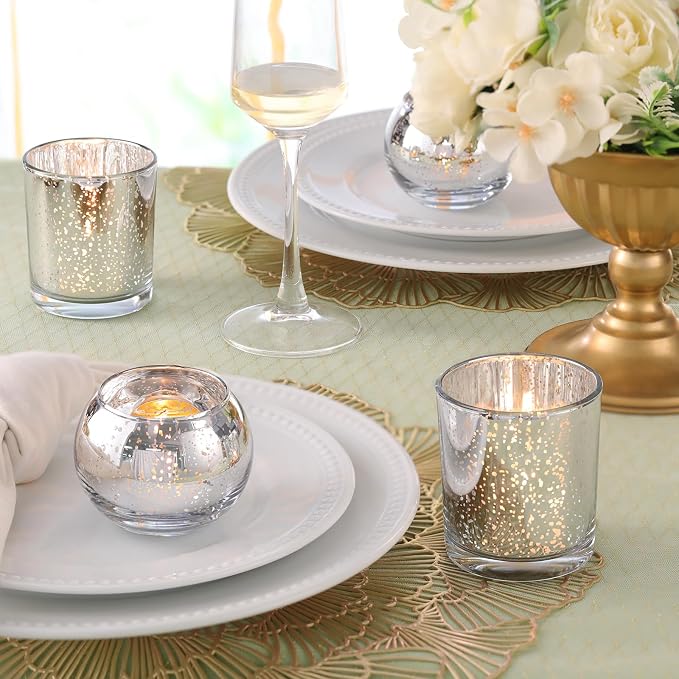 Volens 30pcs Assorted Silver Votive Candle Holders Bulk, Large Silver Wedding Centerpieces for Tables, Mercury Glass Votive & Tealight Candle Holders for Party Decorations and Home Decor