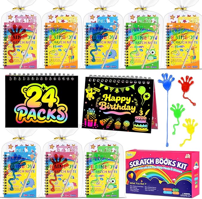 JMMICO 24*3 Pack Scratch Art Notebook+Sticky Hands+Stickers,Party Favors for Kids 4-8-12,Return Gifts for Birthday Party,Goodie Bags Stuffers,Classroom Prizes Bulk Gifts for Students