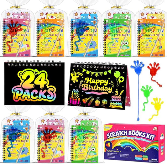 JMMICO 24*3 Pack Scratch Art Notebook+Sticky Hands+Stickers,Party Favors for Kids 4-8-12,Return Gifts for Birthday Party,Goodie Bags Stuffers,Classroom Prizes Bulk Gifts for Students