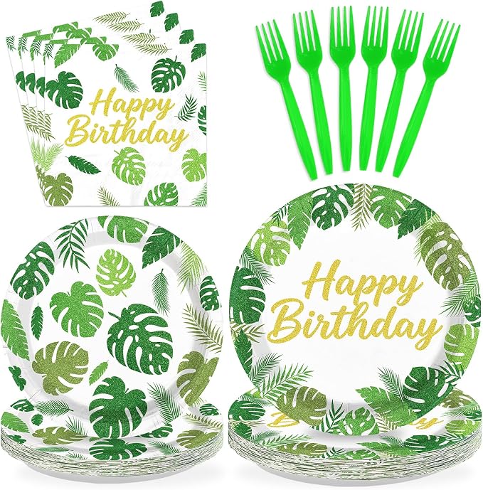 96Pcs Tropical Leaf Birthday Decorations Monstera Palm Leaf Plates and Napkins Hawaiian Luau Tableware Set for Birthday Hawaiian Summer Pool Beach Baby Shower Party Supplies, Serves 24