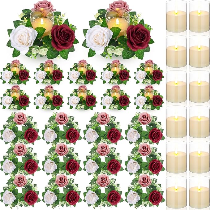 Yunlly 12 Pcs Rose Candle Rings with Flameless Candles Sets, Artificial Flower Eucalyptus Wedding Centerpiece 3 Inch Pillar Candleholders Wreaths for Wedding Party Mother's Day (Red，Pink，White)