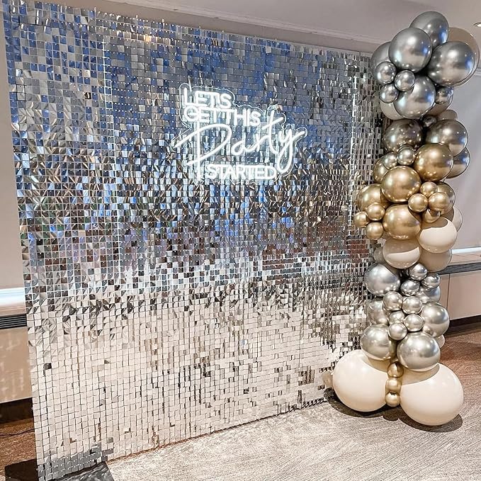 COKAOBE Silver Shimmer Wall Backdrop, 36PCS Square Sequin Shimmer Backdrop Panel, Photo Backdrops for Birthday, Anniversary, Wedding, Graduation & Bachelorette Party Decoration