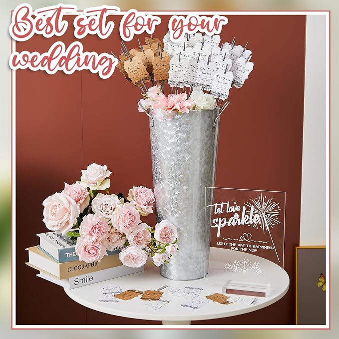 Henoyso 153 Pcs Wedding Send Off Set, 150 Lace Wedding Tags, 2 Pack 17.7 Inch Galvanized Metal Buckets, 1 Acrylic Send Off Sign with Stand for Party Decorations(Silver)