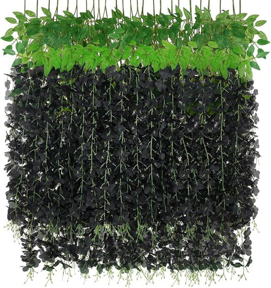 BLEUM CADE 36Pcs Black Fake Wisteria Hanging Flowers, 3.6Ft/Pcs Artificial Wisteria Garland, Hanging Flowers for Wedding Party Home Backdrop Wall Decoration