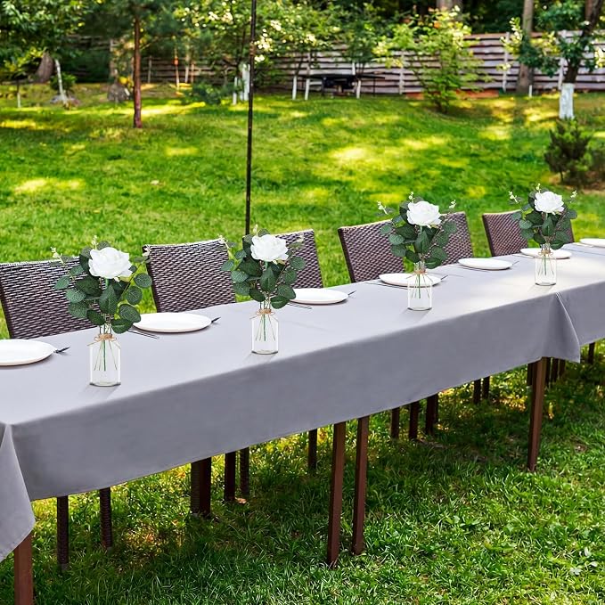 10 Set Vases Glass Centerpiece for Table 10 Small Clear Glass Vases 10 Artificial Roses 30 Leaves with Rope Flower Centerpieces for Wedding Arrangement Party Home Decoration(White)