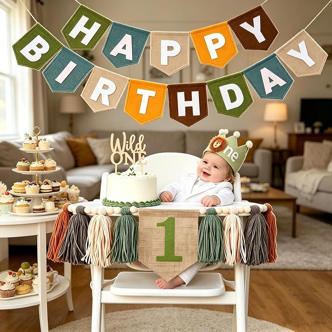 Wild One First Birthday Decorations For Boy-High Chair Banner First Birthday Boy Felt Happy Birthday Banner With Lion Crown, Wild One Highchair Banner Jungle Safari Birthday Party Decorations