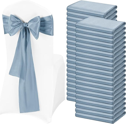 Pesonlook 120 PCS Dusty Blue Satin Chair Sashes Bows Satin Chair Sashes Universal Chair Cover for Wedding Reception Restaurant Event Decoration Banquet,Party,Hotel Event Decorations (7 x 108 inch)