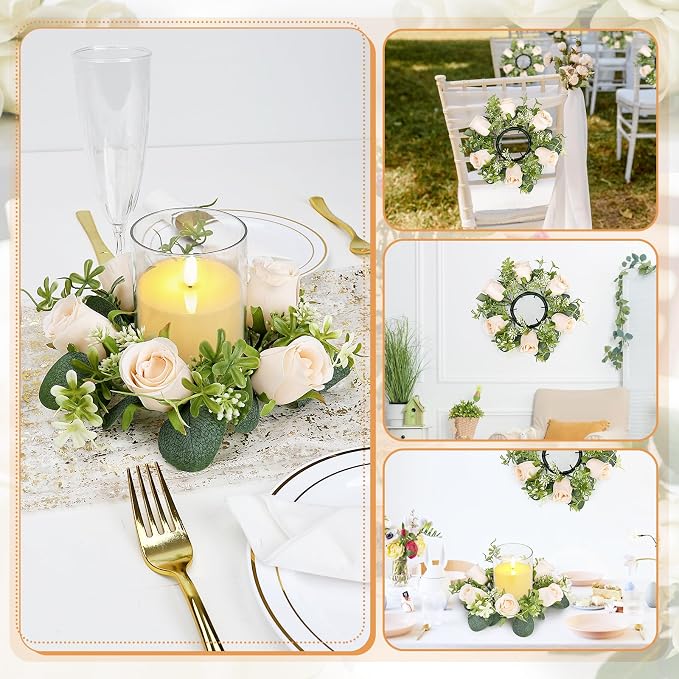 12 PCS Candle Rings with LED Flameless Candles, 3 Inch Artificial Rose Wreaths Eucalyptus Leaves for Table Centerpieces Home Wedding Party Decor, Champagne, 6 Sets