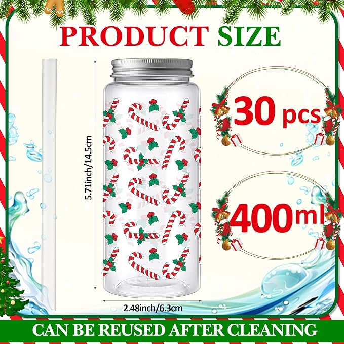 Skylety 30 Pcs Christmas Plastic Cups with Lids and Straws 13.5 oz Tree Gingerbread Snowman Santa Claus Elk Candy Reusable Plastic Tumbler Christmas Party Decor for Xmas Women Birthday Party Supplies