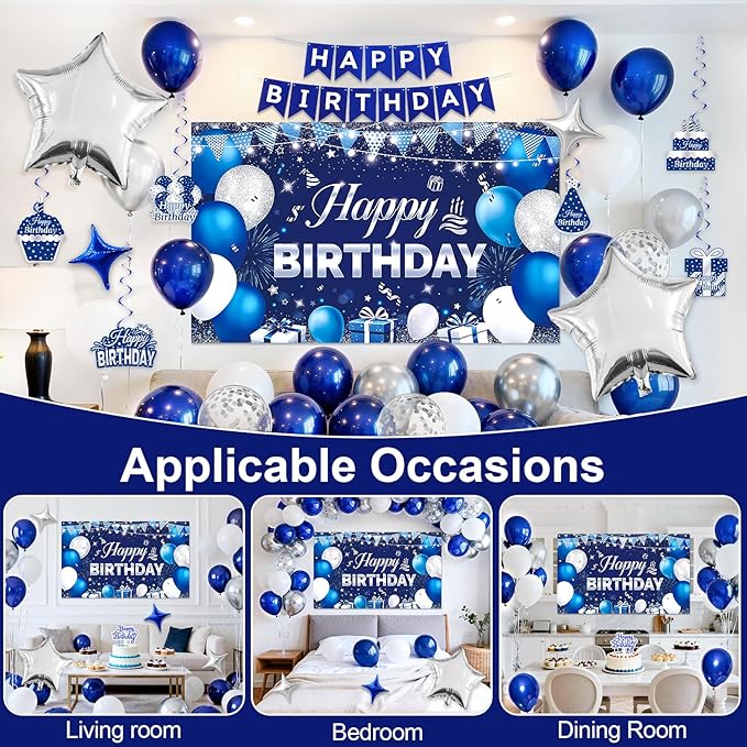 33rd Birthday Decorations for Men & Women, Navy Blue and Silver Happy 33rd Birthday Party Decorations with Number Balloons, Hanging Swirls, Cake Topper for 33 Years Old Party Supplies