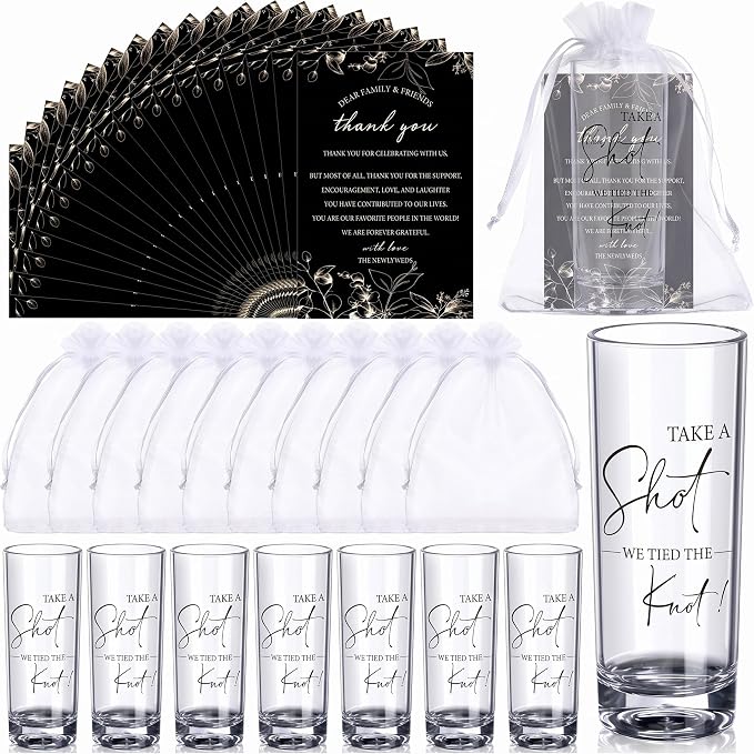 Sliner 100 Set Wedding Favors for Guests Bulk 2oz Acrylic Take a Shot We Tied the Knot Shot Glasses with Thank You Cards Organza Bags for Guest Souvenir Wedding Bridal Shower Gifts (Clear,Black)