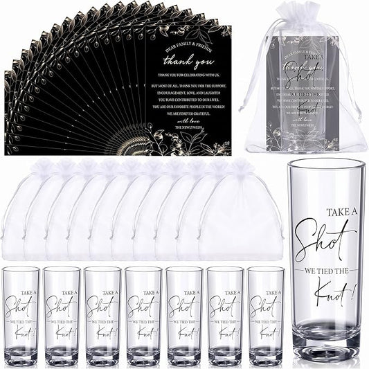 Sliner 100 Set Wedding Favors for Guests Bulk 2oz Acrylic Take a Shot We Tied the Knot Shot Glasses with Thank You Cards Organza Bags for Guest Souvenir Wedding Bridal Shower Gifts (Clear,Black)