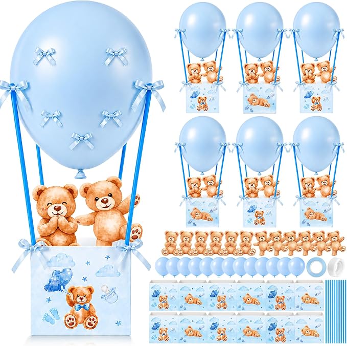 Cinrobiye 12 Sets Teddy Bear Baby Shower Centerpieces for Tables, Bear Favor Boxes with Balloons, Ribbons Paper Straws, DIY Table Decorations for Gender Reveal, Baby Shower, Birthday Party Supplies