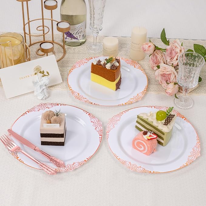Goodluck 100PCS Rose Gold Plastic Plates – 10.25” Heavy Duty Disposable Dinner Plates & Party Plates for Weddings, Parties, Events – Elegant, Sturdy