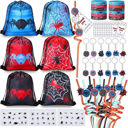 LemonRoad 73 Pcs Spider Party Favors Set Hero Birthday Party Supplies Includes Drawstring Bags Keychains Bracelets Stickers Straws Tags Spider Goodie Bags Fillers Stuffers for Birthday Rewards Gifts