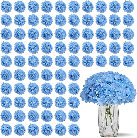 100 PCS Blue Hydrangea Artificial Flowers, Silk Full Flowers Heads with Stems for Wedding Centerpieces, Home, Garden, Baby Shower, Party Decoration