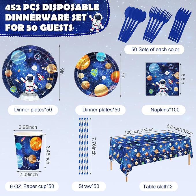 Potchen 452 Pcs Party Supplies Serve 50 Guests, Paper Plates Napkins Cups Cutlery Plastic Tablecloth Dinnerware for Birthday Wedding Party Decoration(Dark Blue, Space)