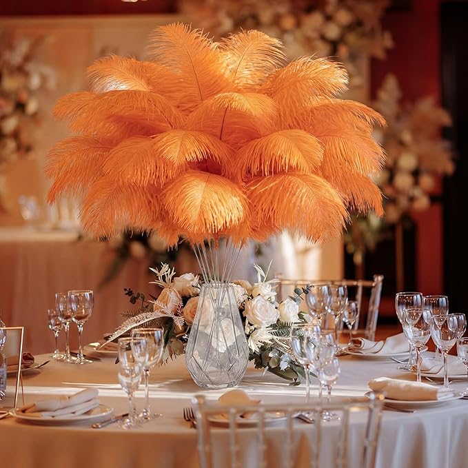 Hanaive 150 Pcs Ostrich Feathers Set Bulk Plumes 12-14 Inch (30-35cm) 70 Pcs Large Ostrich Feathers with 80 Sticks and Tape for DIY Crafts Wedding Home Party Centerpiece Decorations(Orange)