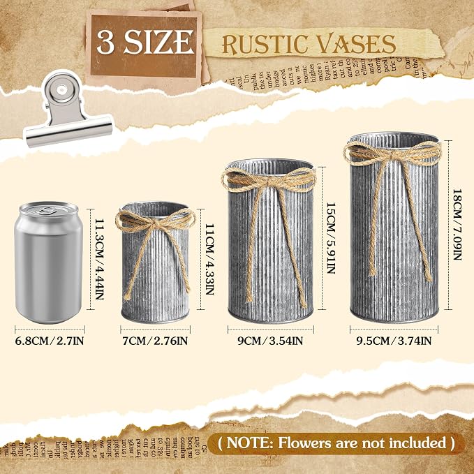 Zonon 3 Pcs Farmhouse Vase Decor with Twine Bow 4.33" Galvanized Flower Bucket 5.91" Metal Pots 7.09" Rustic Decorated Vases for Artificial Flowers Home Table Weddings Decor (Black)
