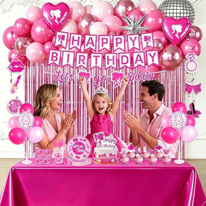 Hot Pink Birthday Party Decorations Supplies 187Pcs Serve 20 Guests, All In One Party Kit with Tableware, Decorations, Cake Topper, Photo Props for little Girls, Girls & Women Birthday Party