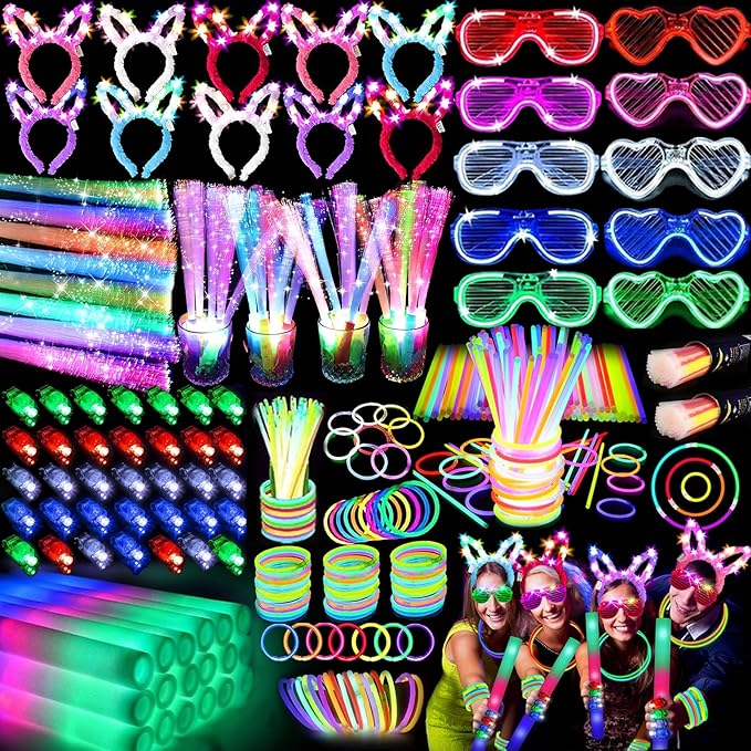 186 PCS Glow in the Dark Party Supplies,16 Foam Sticks,10 Glow Fiber Wands, 10 LED Glasses, 10 Glowing Rabbit Ears,100 Glow Sticks and 40 Finger Lights for Neon Party Birthday Carnivals Halloween